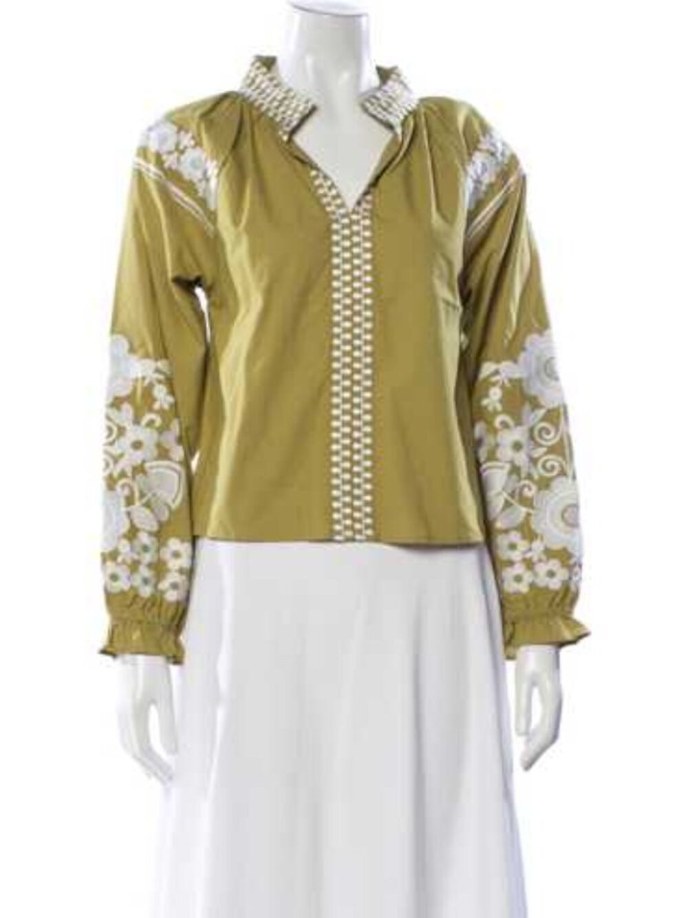 Julia Amory Blouse with white floral embroidery on Olive Green Fabric size Large